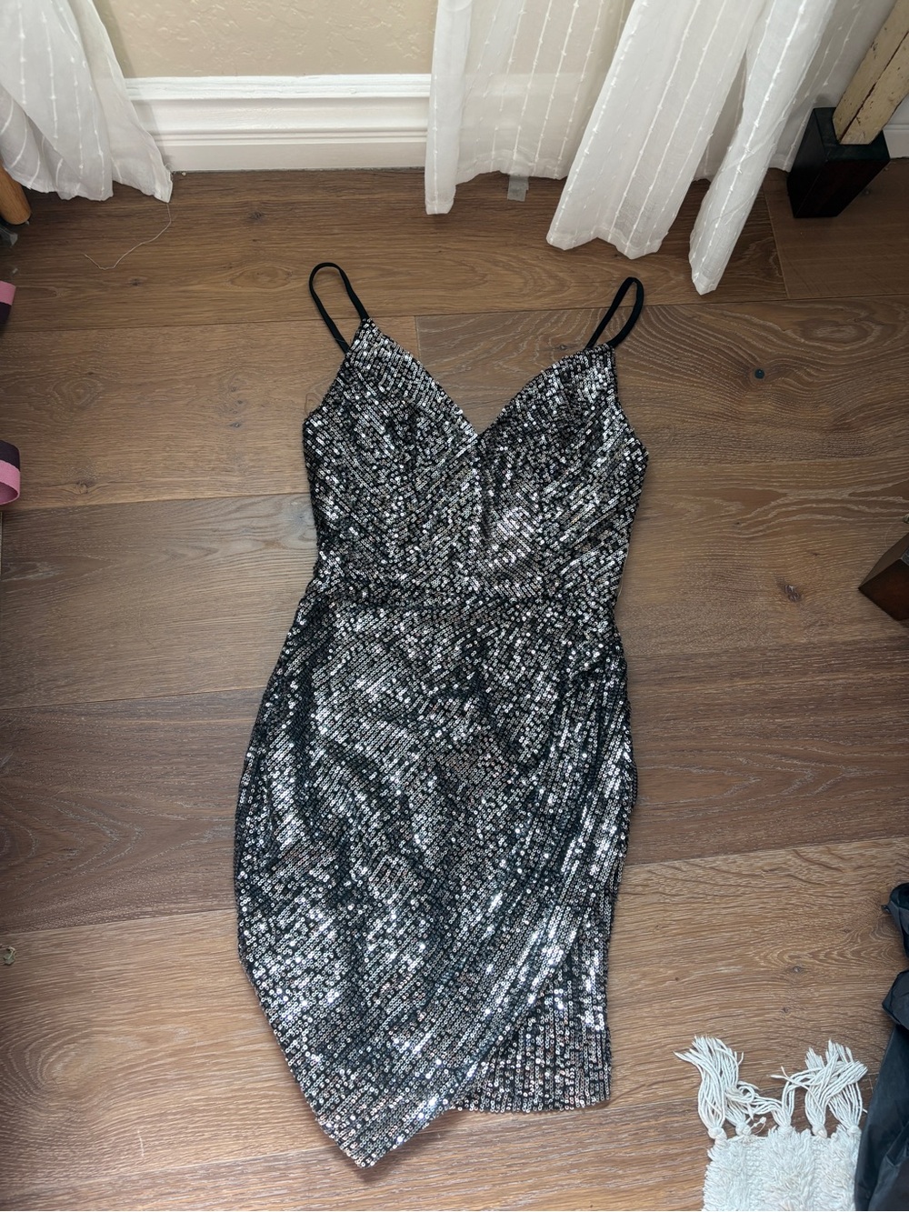 Crystal Doll Silver Sequin V-Neck Mini Dress